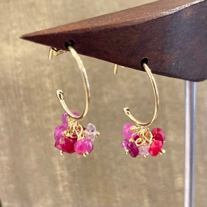 Bold earrings for women-Ruby Cluster 18K Gold Hoop Earrings