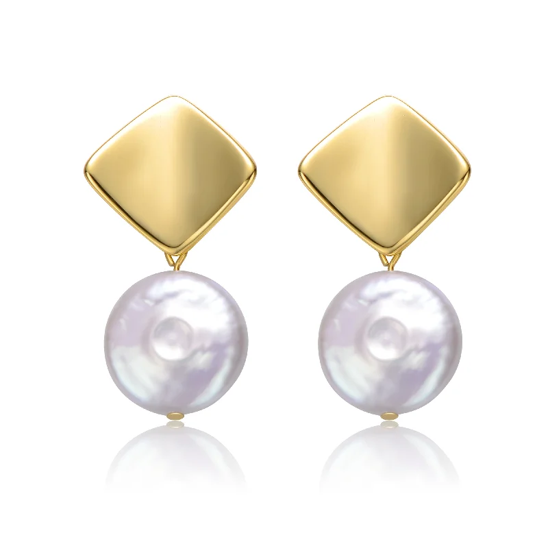 Elegant stud earrings for women-Sterling Silver 14k Yellow Gold Plated with White Coin Pearl Double Dangle Square Earrings