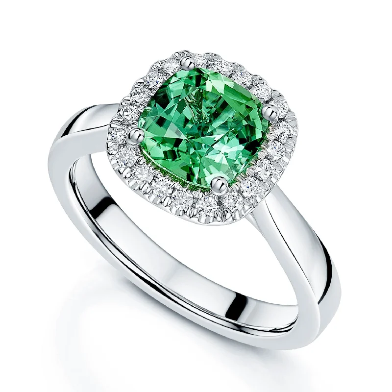 Two-tone engagement rings for women-Platinum Green Tourmaline And Diamond Halo Ring