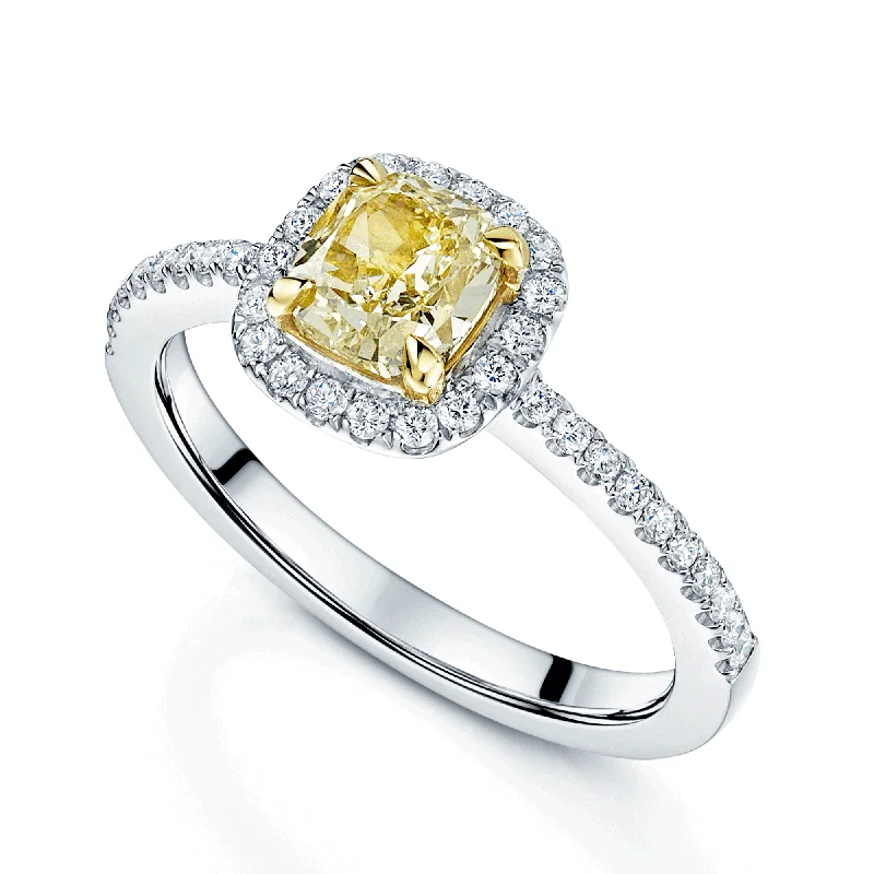 Engagement rings for women with sapphires and diamonds-18ct White Gold GIA Certificated 1.09ct Cushion Shaped Fancy Yellow Diamond Halo Ring 0.26ct With Diamond Set Shoulders