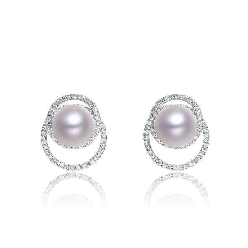 Designer earrings for women-Cubic Zirconia Sterling Silver Rhodium Plated Round Pearl Earrings