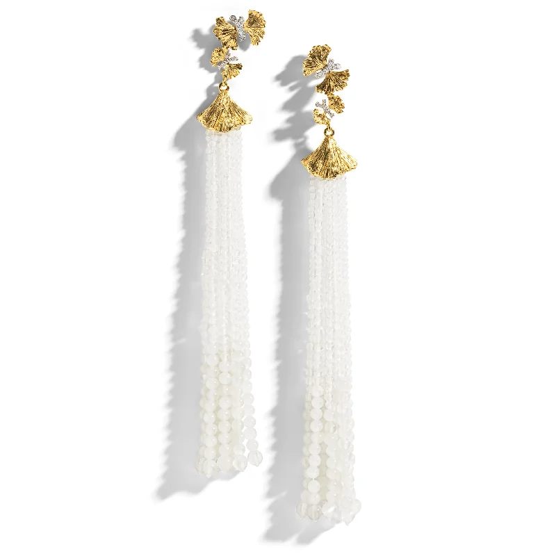 Luxury diamond earrings for women-Butterfly Ginkgo Tassel Earrings with Moonstone and Diamonds