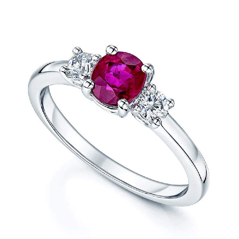 Engagement rings with rubies for women-Platinum Oval Ruby & Diamond Trilogy Ring