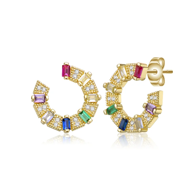 Chandelier earrings for women-Sterling Silver 14k Gold Plated Rainbow & White Cubic Zirconia Front-Facing C-Hoop Earrings