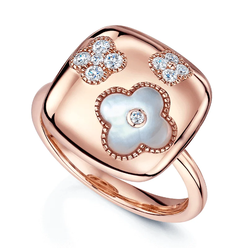 Cushion cut engagement rings for women-18ct Rose Gold Square Flower Ring With Diamonds and Mother Of Pearl Flower