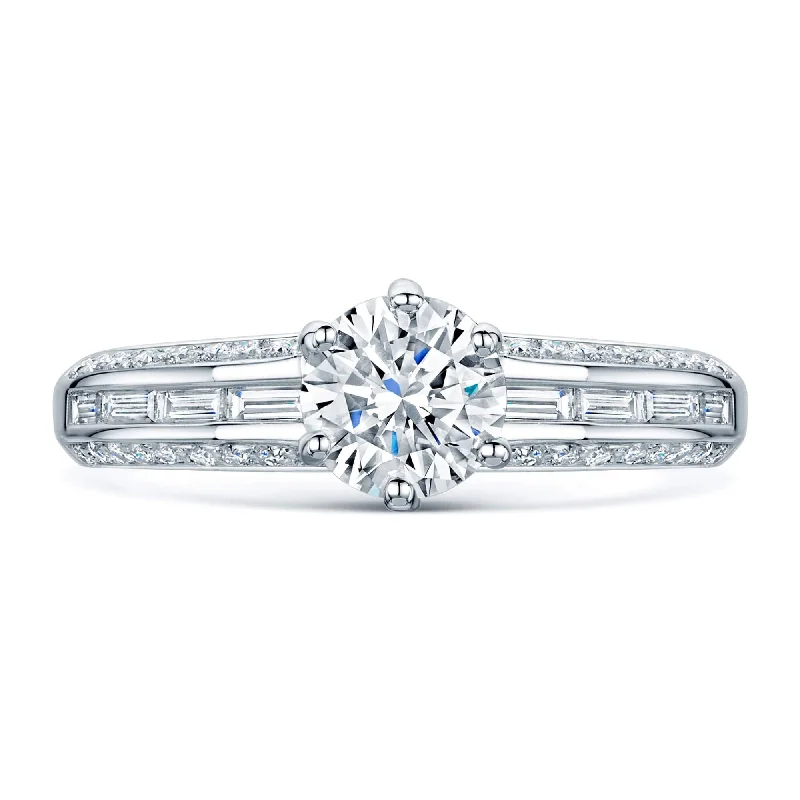 Elegant solitaire engagement rings for women-Platinum Round Brilliant Cut Diamond Six Claw Ring With Baguette And Brilliant Cut Diamond Set Shoulders