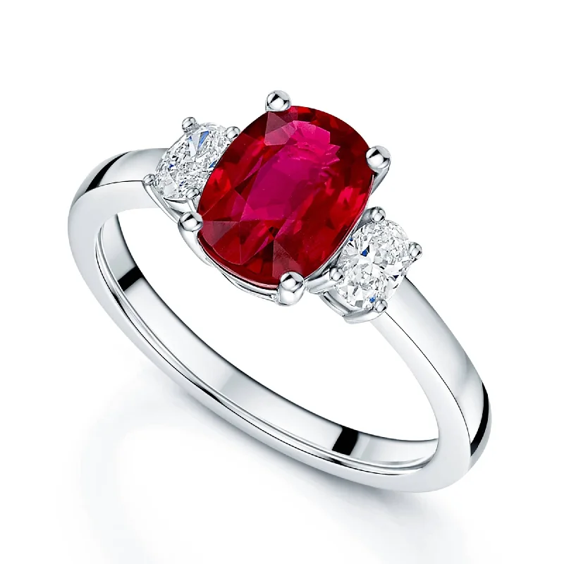 Engagement rings with diamonds for women-18ct White Gold Ruby & Diamond Oval Three Stone Ring