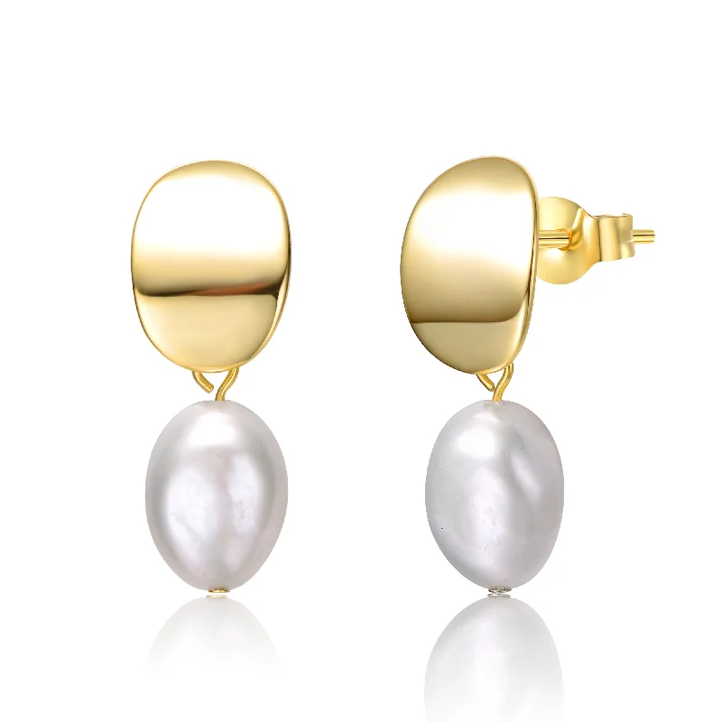 Luxury pearl earrings for women-Sterling Silver 14k Yellow Gold Plated Oval White Pearl Drop Medallion Dangle Earrings