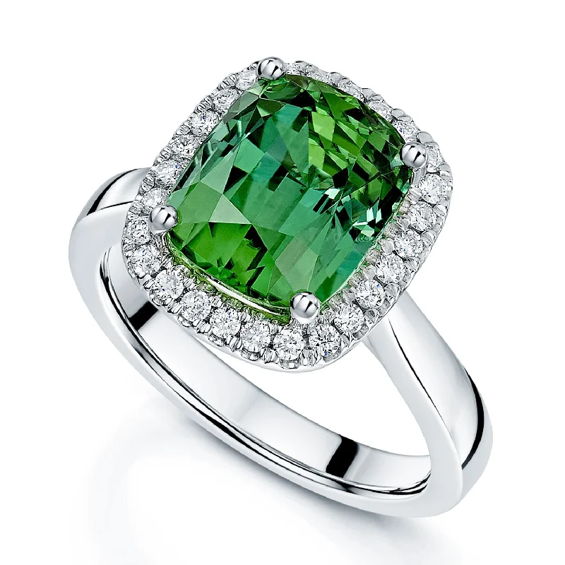 Square engagement rings for women-Platinum Mint Green Tourmaline And Diamond Halo Ring