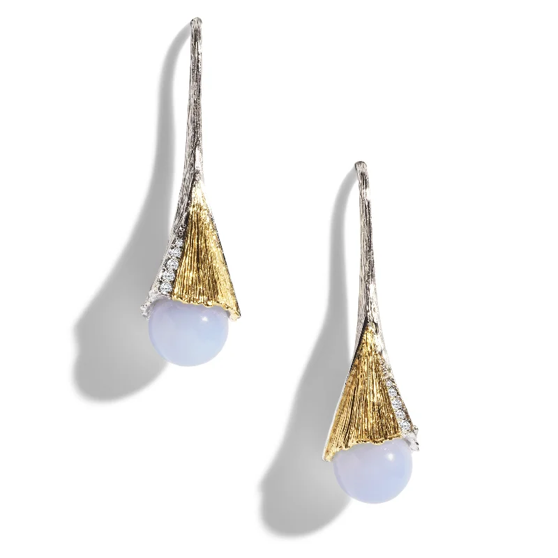 Vintage diamond earrings for women-Butterfly Ginkgo Earrings with Chalcedony and Diamonds