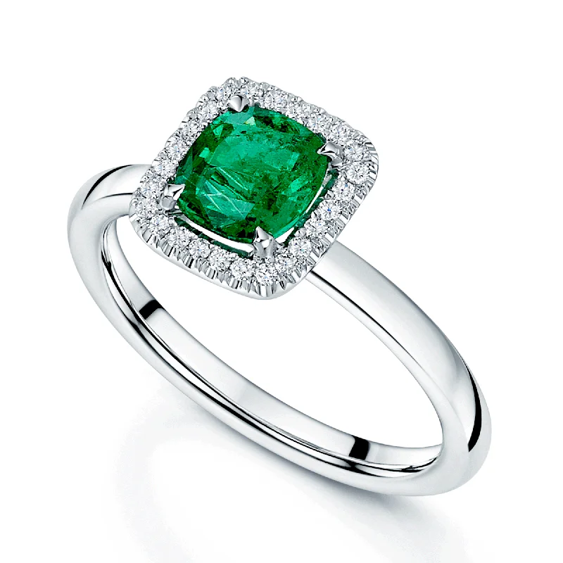 Engagement rings with unique shapes for women-18ct White Gold Emerald And Diamond Halo Cluster Ring