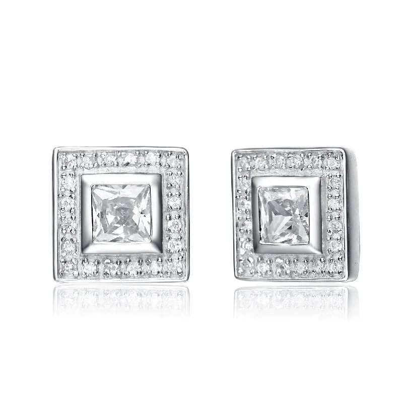 Butterfly earrings for women-Cubic Zirconia Sterling Silver Rhodium Plated Square Shape Earrings