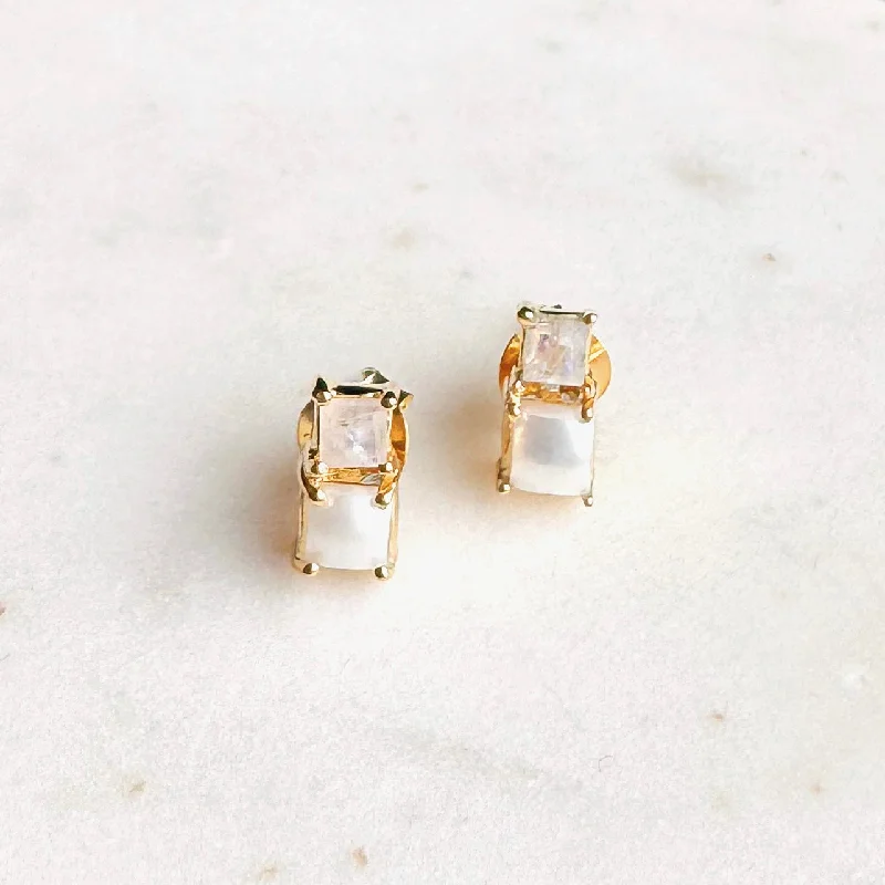 Wedding earrings for women-Small Stacked Gemstone Stud Earrings: moonstone + pearl