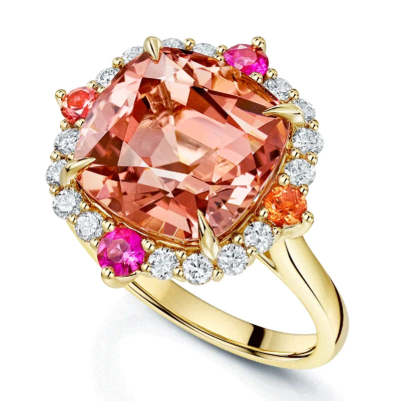 Classic engagement rings for women-18ct Yellow Gold Pink Tourmaline Cluster Dress Ring With Diamond, Ruby And Orange Sapphire Surround