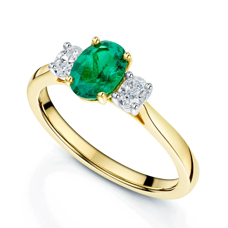 Custom engagement rings for women-18ct Yellow Gold Oval Cut Emerald And Diamond Three Stone Ring