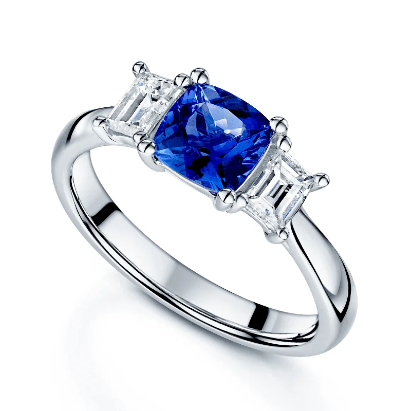 Affordable engagement rings for women-Platinum Cushion Cut Tanzanite And Baguette Cut Diamond Three Stone Dress Ring