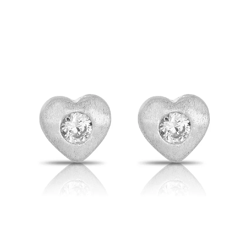 Boho earrings for women-C.Z. Sterling Silver Rhodium Plated Brushed Bezel Set Heart Shape Earrings