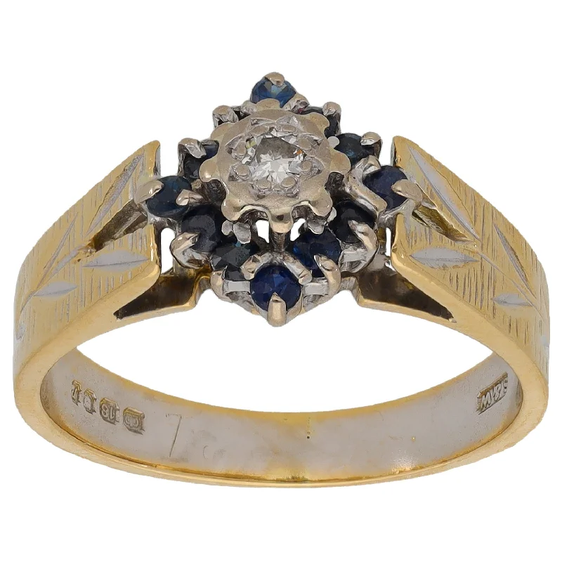 Classic engagement rings for women-18ct Bi-Colour Gold Sapphire & 0.05ct Diamond Cluster Ring Size N