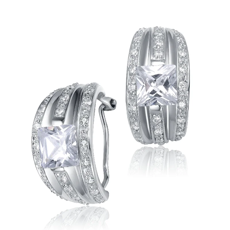 Crystal earrings for women-Rhodium-Plated Sterling Silver Cubic Zirconia Hoop Earrings