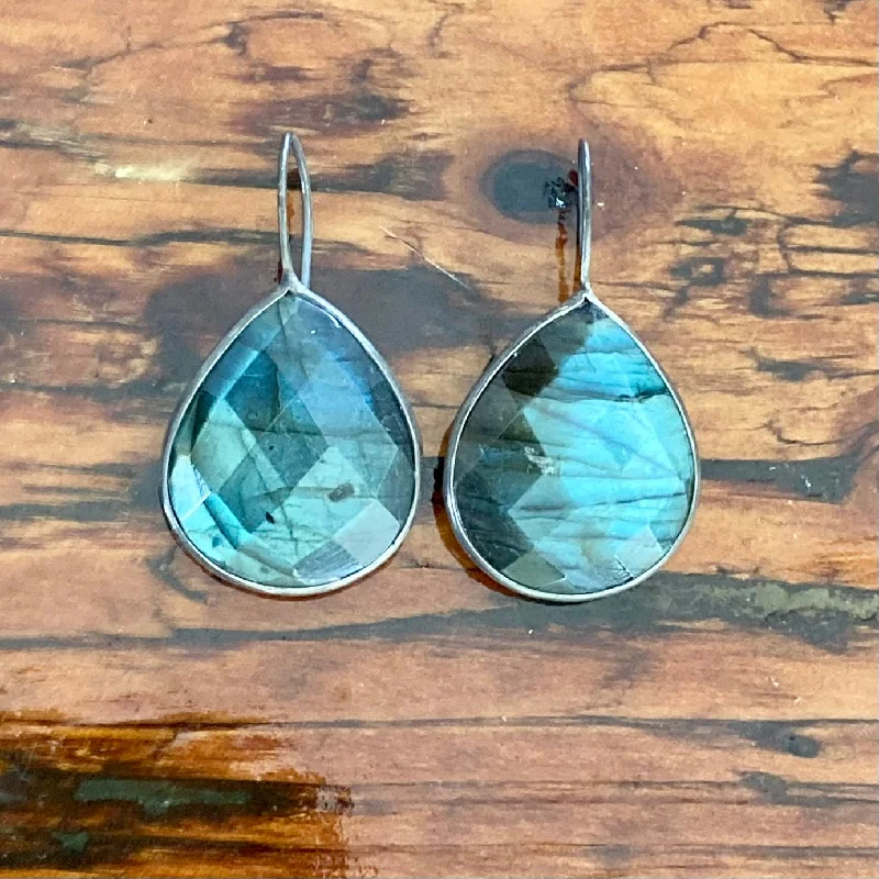 Solid gold earrings for women-Faceted Teardrop Labradorite Earrings