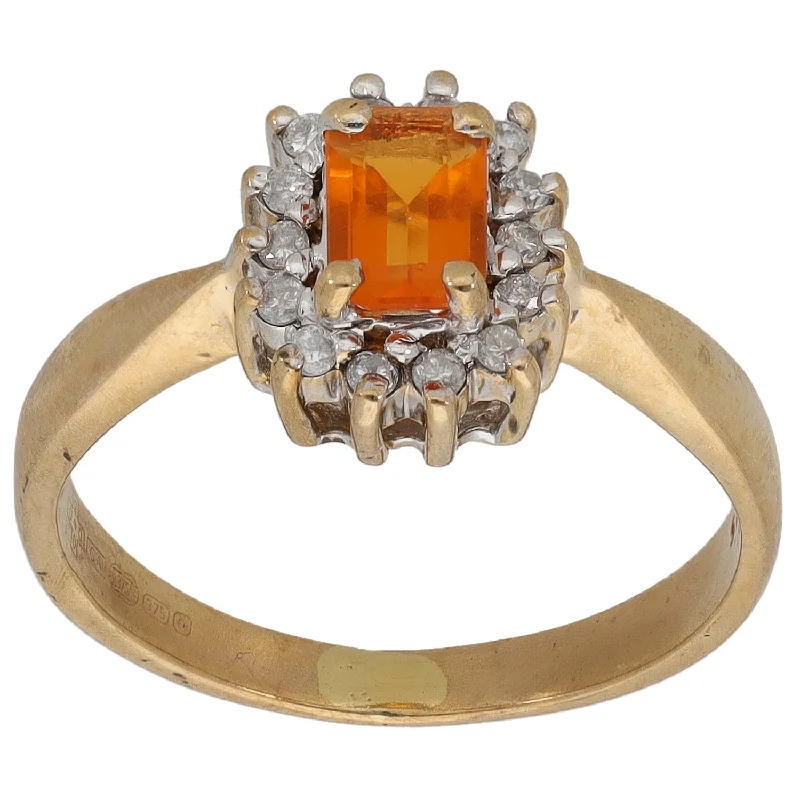 Engagement rings with emerald accents for women-9ct Gold Fire Opal & 0.15ct Diamond Cluster Ring Size M