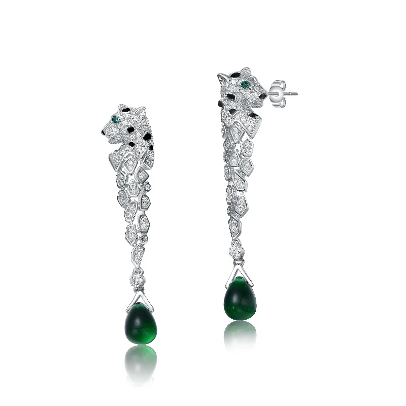 Trendy earrings for women-Sterling Silver Rhodium Plated with Emerald and Clear Cubic Zirconia Fauna Drop Earrings