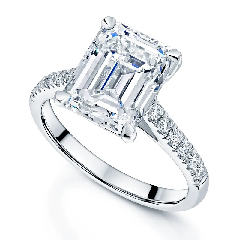 Engagement rings with diamonds for women-Platinum GIA Certificated 4.23 Carat Emerald Cut Diamond Solitaire Ring With Diamond Shoulders