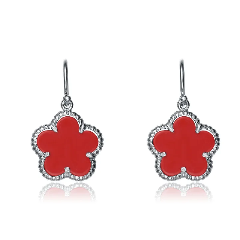 Silver hoop earrings with diamonds for women-Jeanne Red Flower Earrings