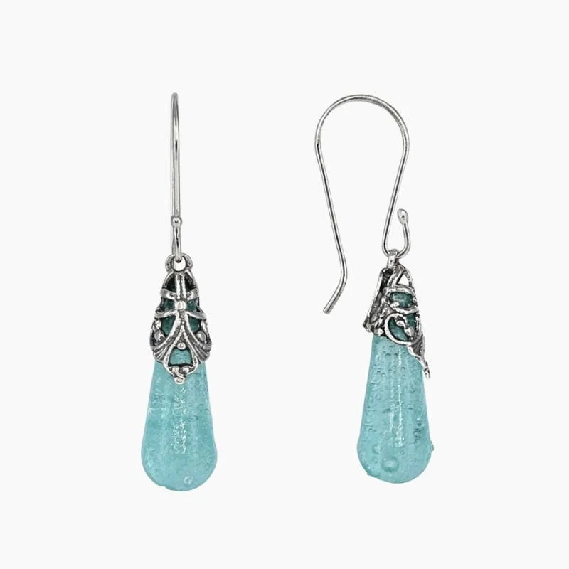 Artistic earrings for women-Roman Glass Translucent Dangle Earrings with Filigree