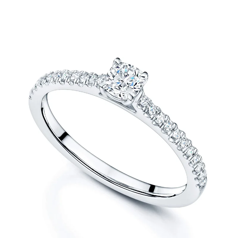 Engagement rings with unique shapes for women-Platinum Cushion Cut Diamond Single Stone Ring With Diamond Set Shoulders