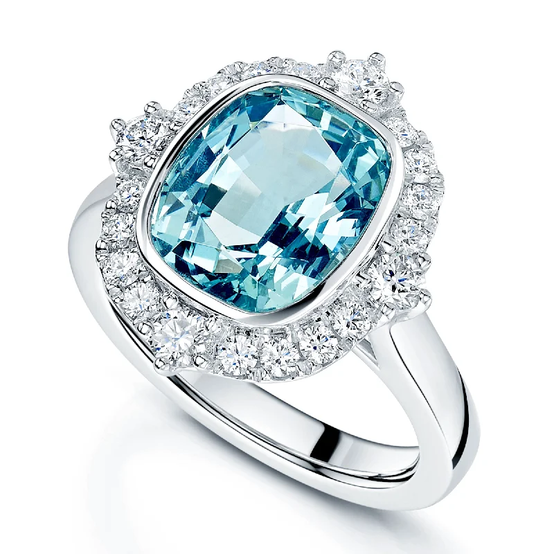 Big diamond engagement rings for women-Platinum Aquamarine And Diamond Cluster Ring