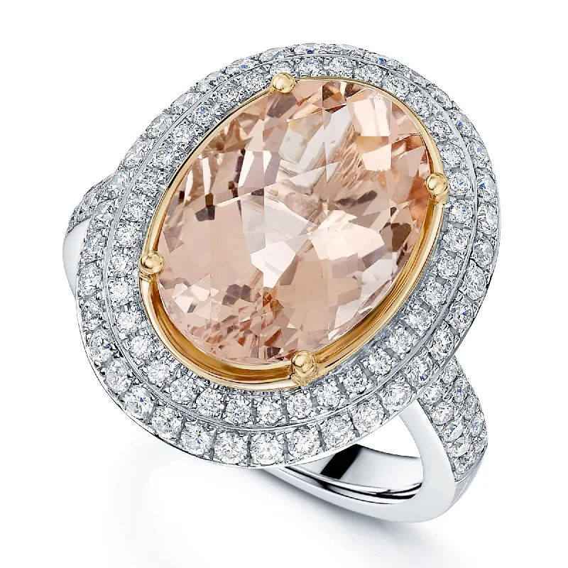 Oval engagement rings for women-18ct White Gold Oval Morganite & Diamond Double Halo Ring