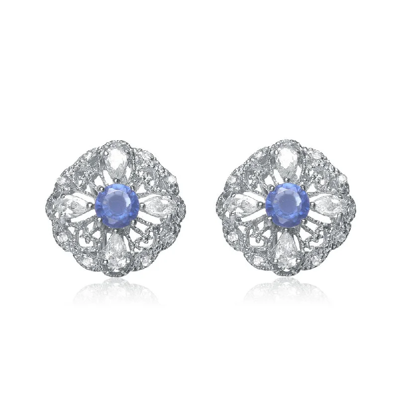 Silver huggie earrings for women-Estelle Sapphire Flower Shape Earrings