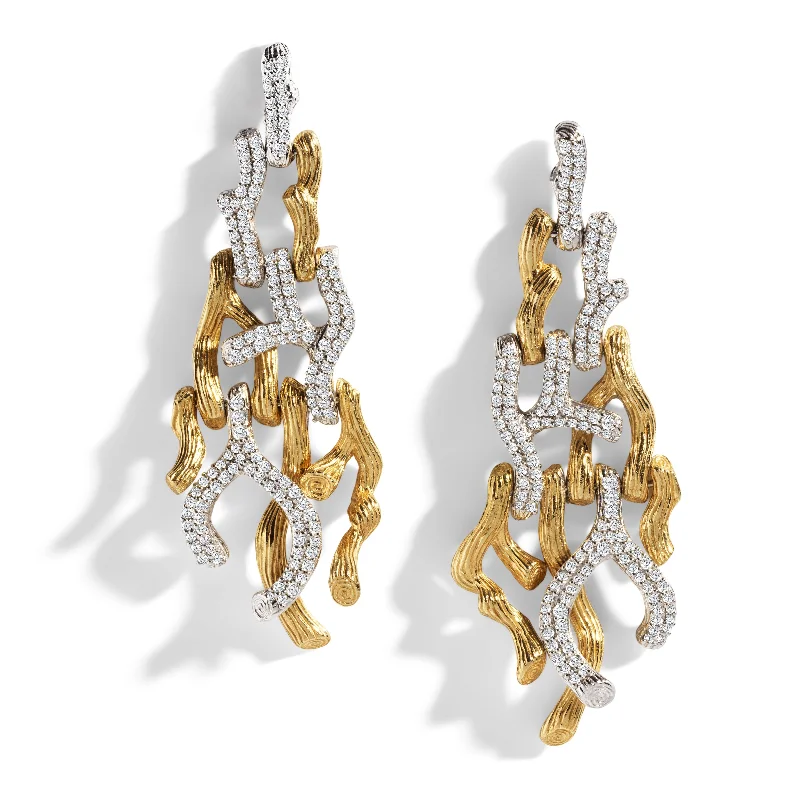 Elegant stud earrings for women-Branch Coral Chandelier Earrings with Diamonds - Gold