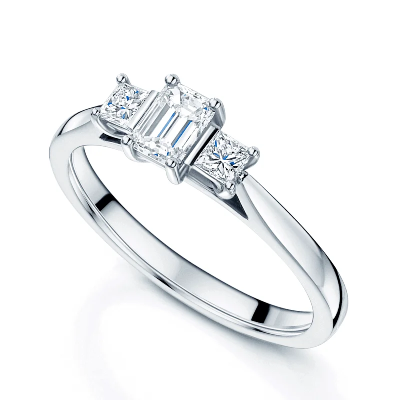 Platinum diamond engagement rings for women-Platinum GIA Certificated Emerald And Princess Cut Diamond Three Stone Ring