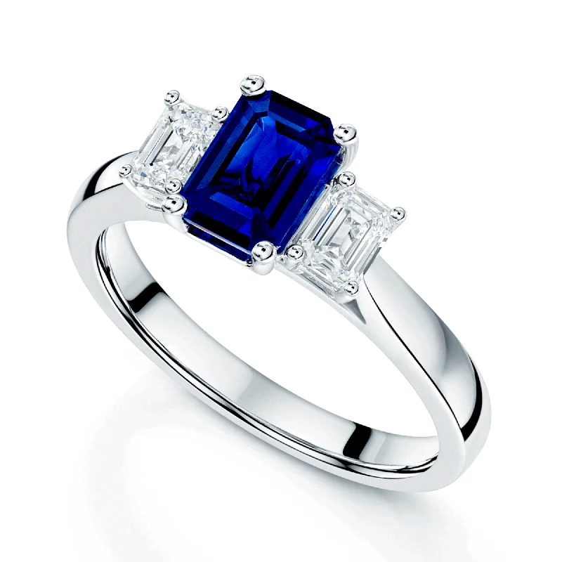 Engagement rings for women with unique stones-Platinum Emerald Cut Sapphire And Diamond Three Stone Ring