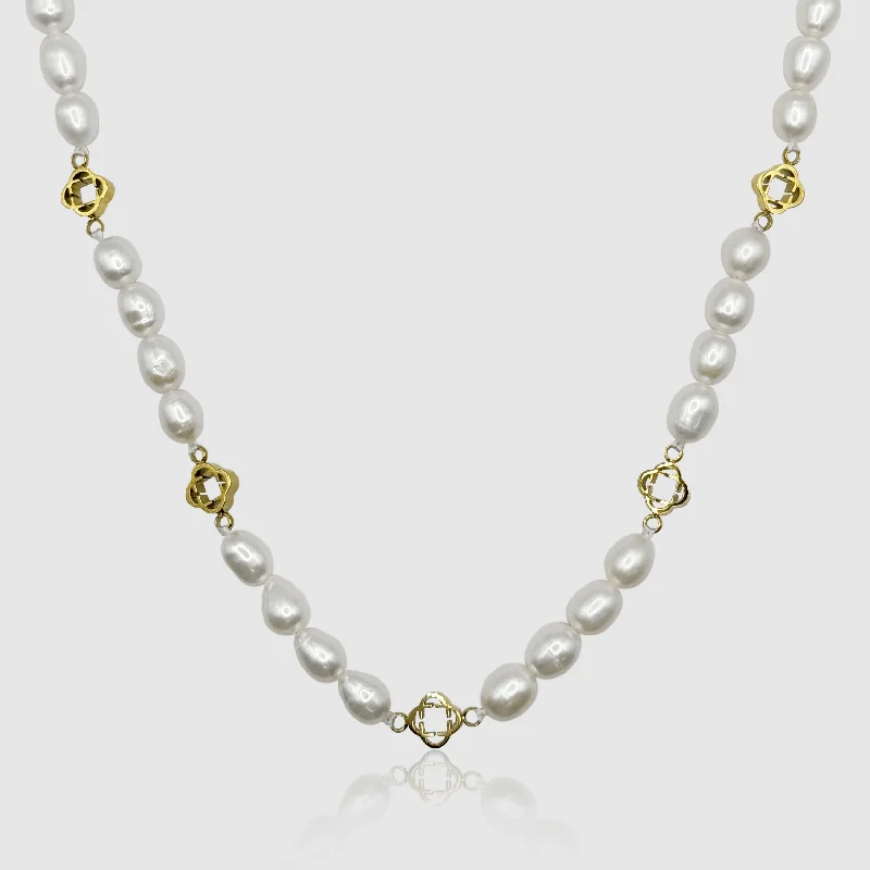 Layered necklace for women-Clover Real Pearl Necklace (Gold)