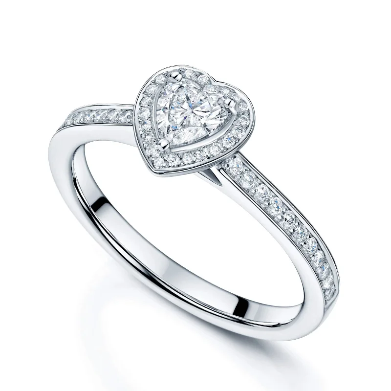 Custom-made engagement rings for women-Platinum Heart Shaped Diamond Halo Ring With Diamond Shoulders