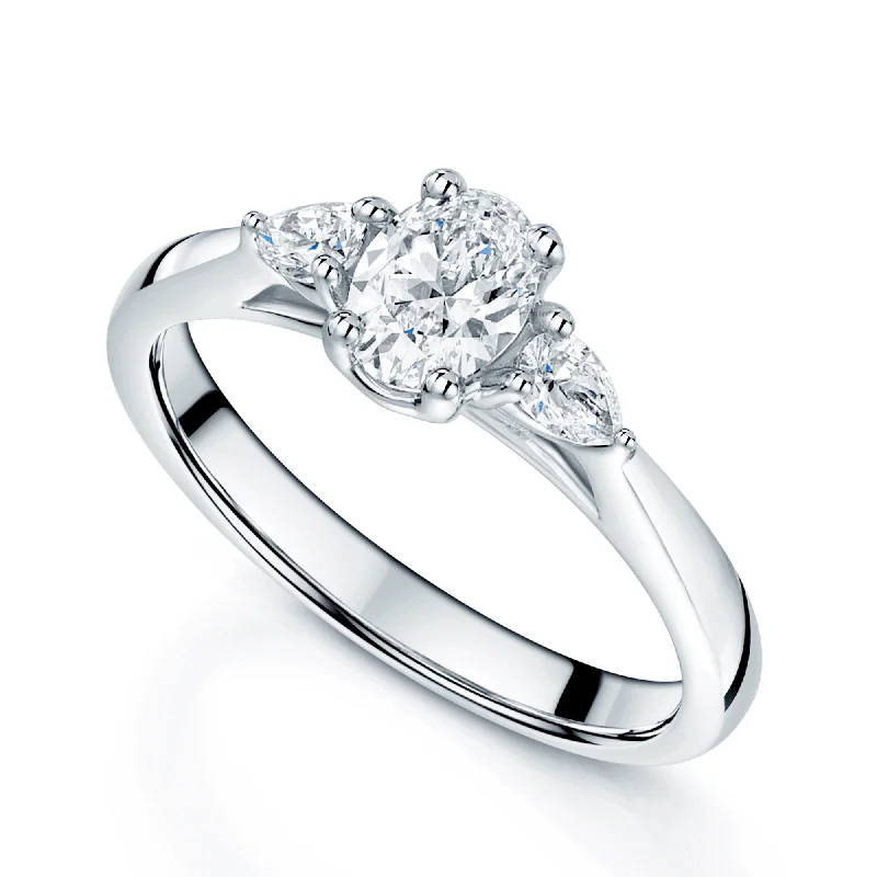 Platinum engagement rings for women-Platinum Oval & Pear Cut Diamond Three Stone Ring