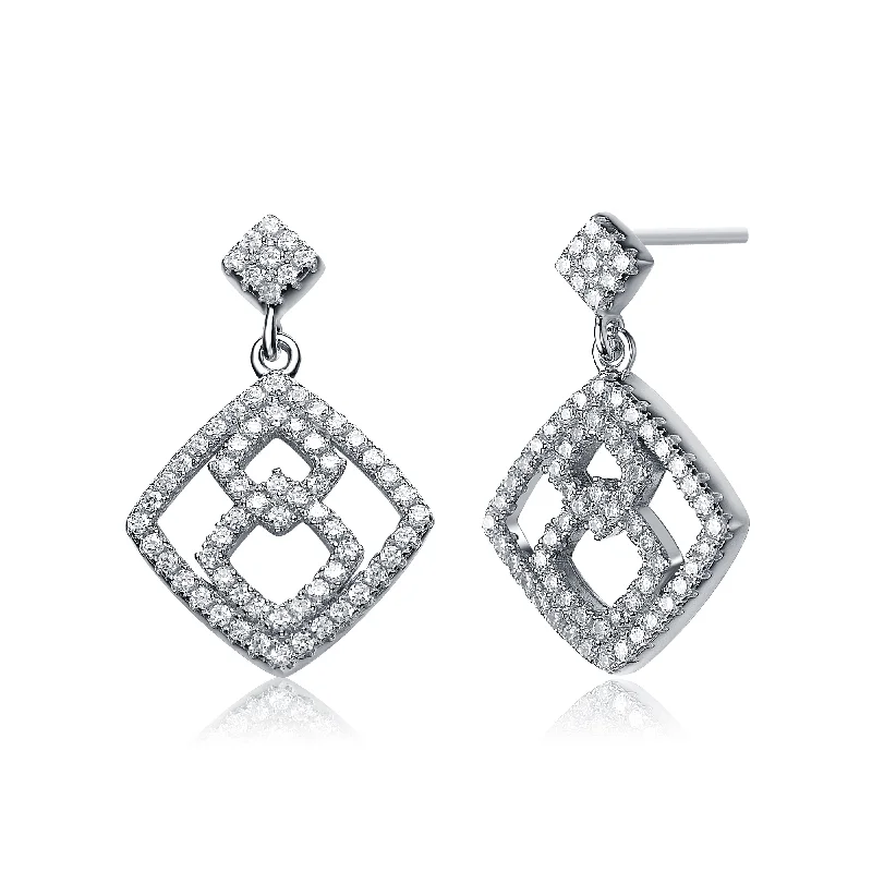 Statement diamond earrings for women-Déco Triple Square Halo Earrings