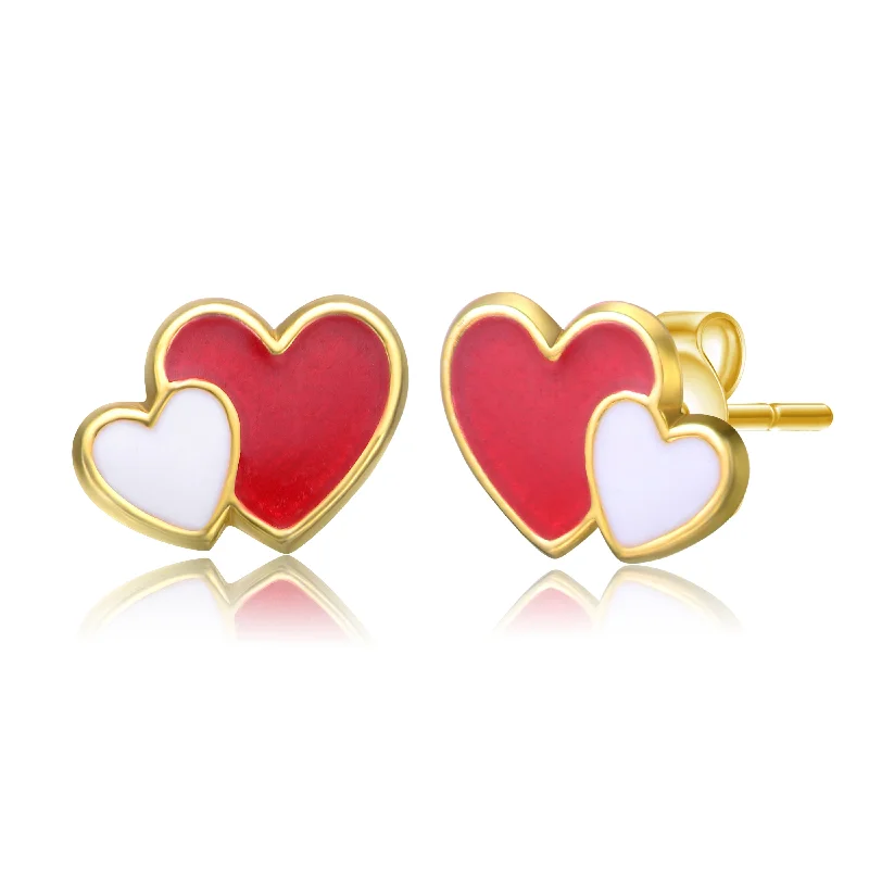 Handmade earrings for women-14k Gold Plated Red & White Enamel Double Heart Stud Earrings