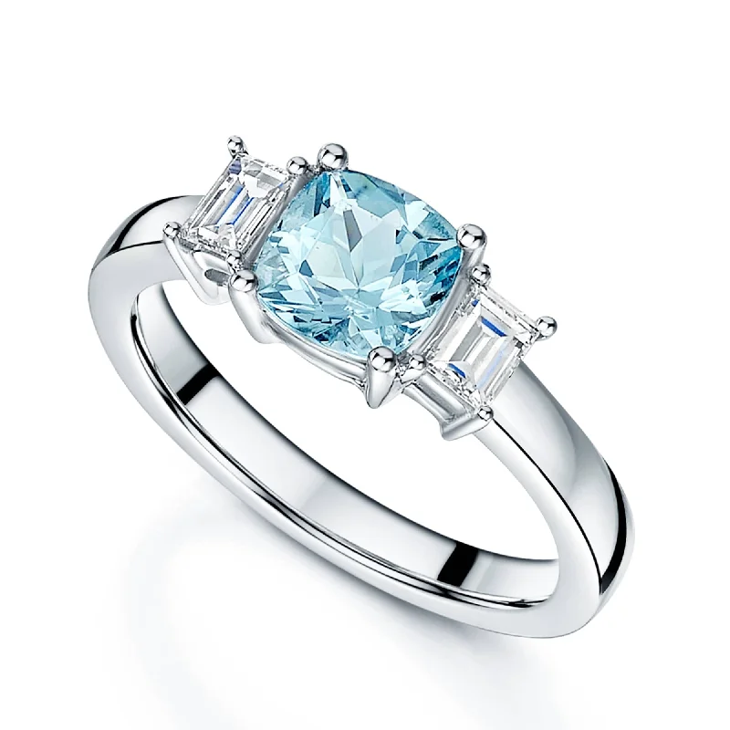 Diamond engagement rings with halos for women-Platinum Aquamarine And Emerald Cut Diamond Three Stone Ring