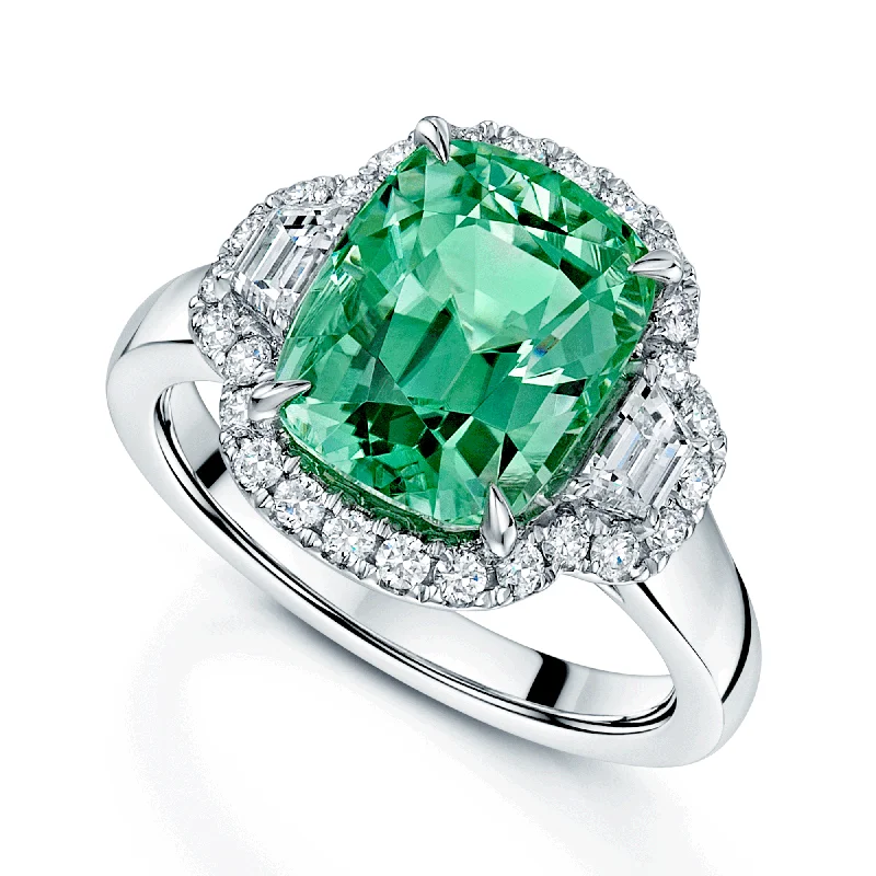 Solitaire engagement rings for women-Platinum Radiant Cut Green Tourmaline And Diamond Cluster Dress Ring