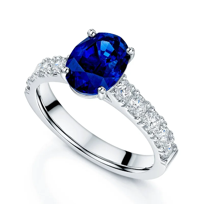 Personalized engagement rings for women-Platinum Oval Sapphire Dress Ring With Diamond Shoulders