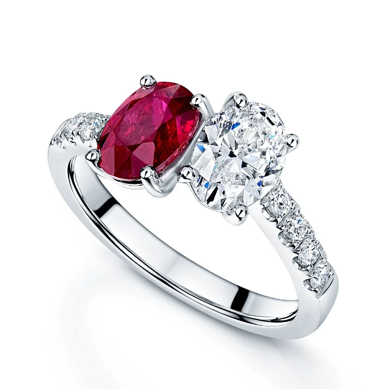 Wedding engagement rings for women-Platinum Oval Ruby & Oval Diamond Two Stone Cross Over Ring With Diamond Set Shoulders