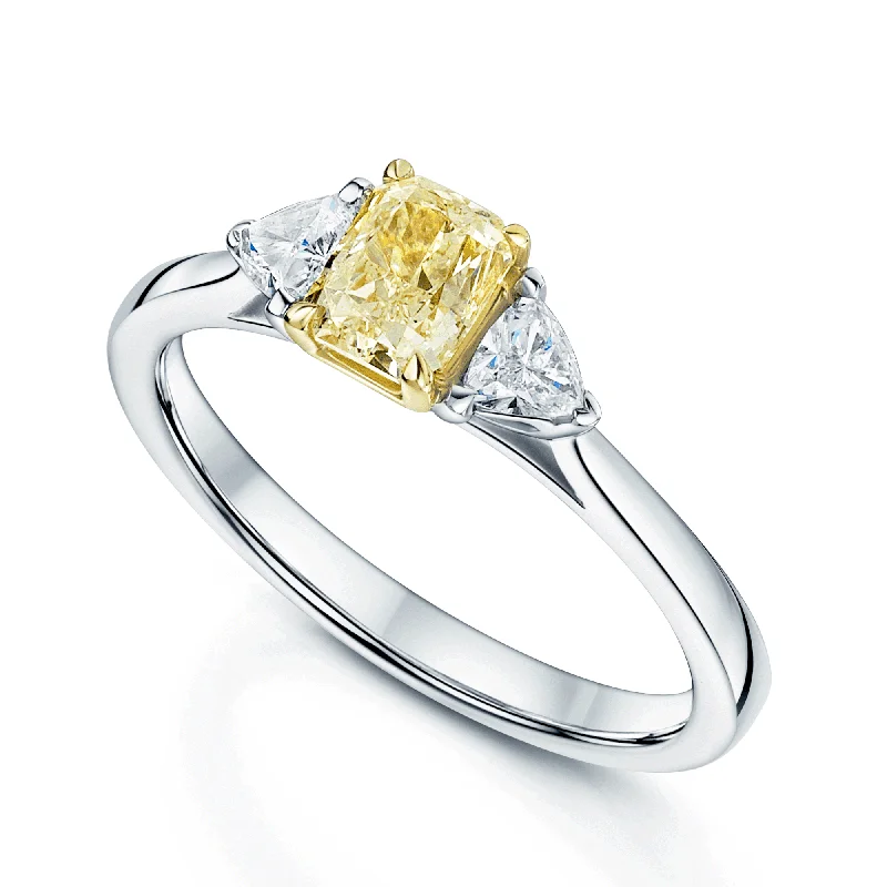 Engagement rings with diamonds for women-Platinum Radiant Cut Fancy Yellow Diamond And Trilliant Cut Diamond Three Stone Ring