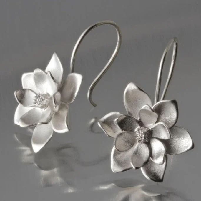 Silver drop earrings for women-Large Magnolia Sterling Silver Loop Earrings