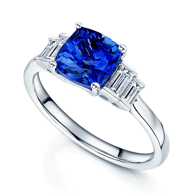 Engagement rings for women with vintage details-Platinum Tanzanite And Baguette Diamond Five Stone Ring