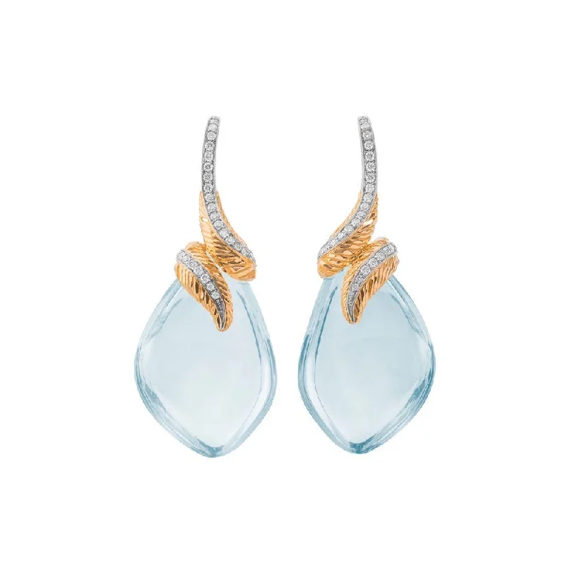 Fashion earrings for women-Feather Wrap Earrings w/ Blue Topaz & Diamonds in 18K Yellow Gold