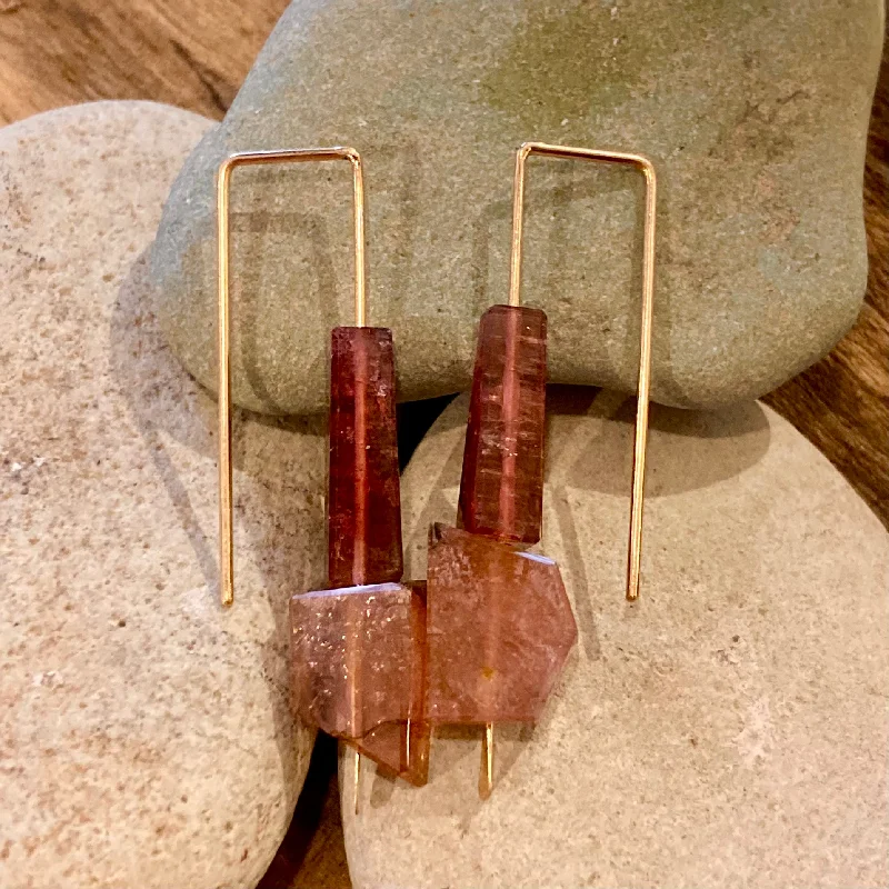 Gold earrings for women-Geometric Double Tourmaline 14K Gold Earrings